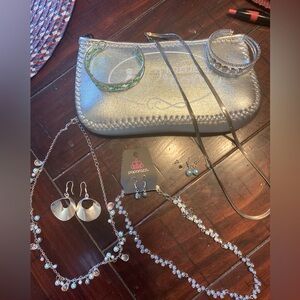 Prom jewelry pouch and jewelry.3 earrings 3 necklaces cuff bracelets